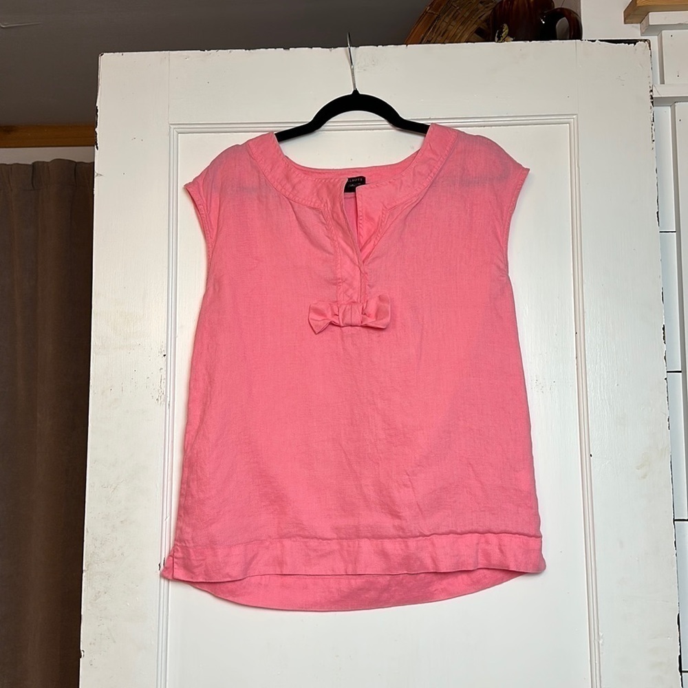 Talbots Pink Linen Shell Tank Top | Coastal Preppy Bow Detail Sleeveless Blouse